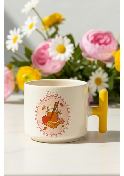 Sonbahar Temalı Elma Baskılı Sarı Renkli T Kulplu Latte Fincanı Kupa