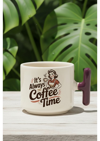 Its Always Coffee Time Baskılı Lila Renkli T Kulplu Latte Fincanı Kupa