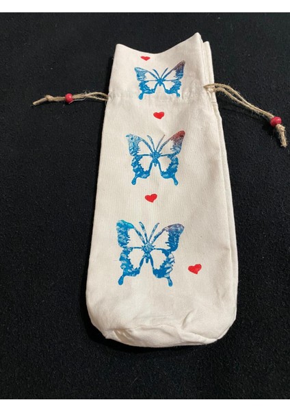 Bej Pamuklu Kelebek Desenli Büzgülü Şişe Kılıfı El Yapımı