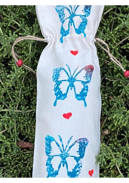 Bej Pamuklu Kelebek Desenli Büzgülü Şişe Kılıfı El Yapımı fiyatları