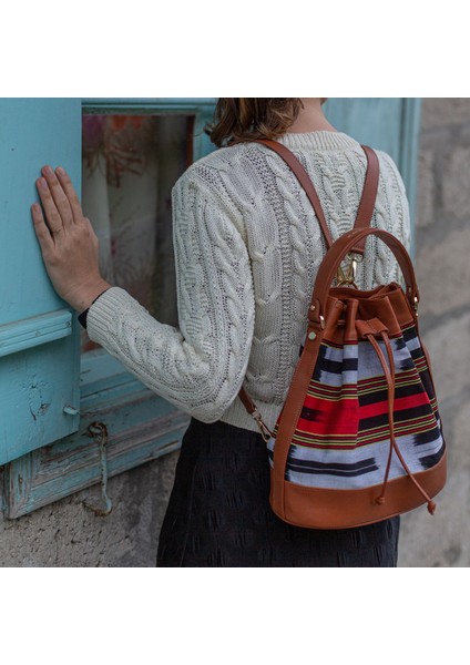 Kuz - Taba Deri ve Kalın Çizgi Desenli Sırt, Omuz ve El Çantası