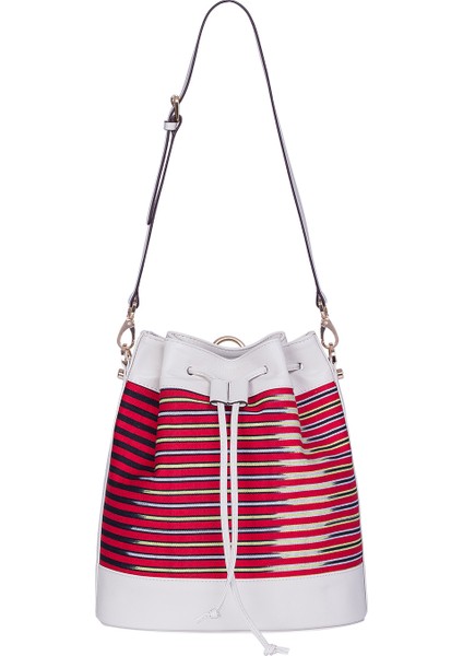 Kuz - Krem Deri ve Ince Çizgi Desenli Sırt, Omuz ve El Çantası