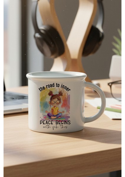 The Road To Inner Peace Begins Baskılı Enamel Görünümlü Seramik Vintage Kupa Bardak
