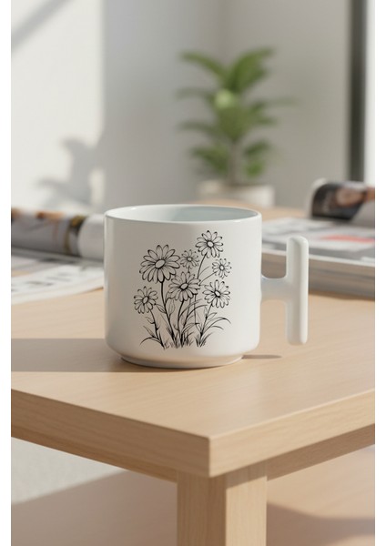 Siyah Çiçekler Baskılı Hediyelik T Kulplu Latte Fincanı Kupa Bardak