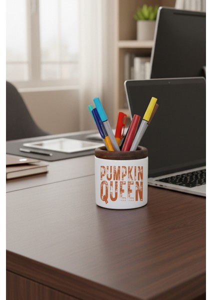 Pumpkin Queen Sonbahar Teması Baskılı Seramik Kalemlik Masaüstü Düzenleyici