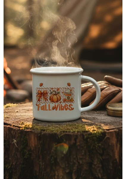 Hello Fall Vibes Baskılı Enamel Görünümlü Seramik Vintage Kupa Bardak