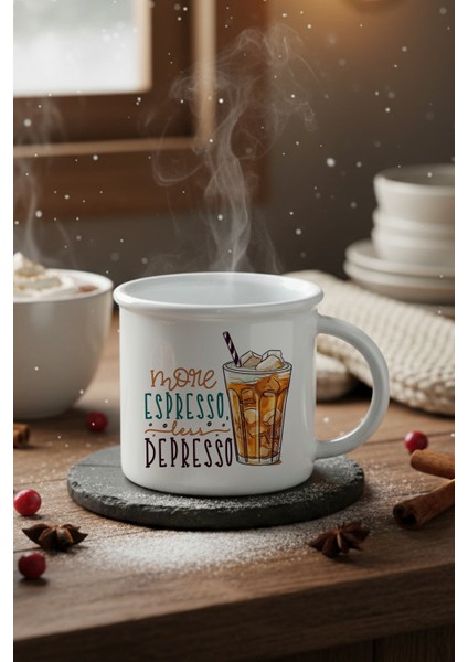 More Espresso Less Depresso Baskılı Enamel Görünümlü Seramik Vintage Kupa Bardak