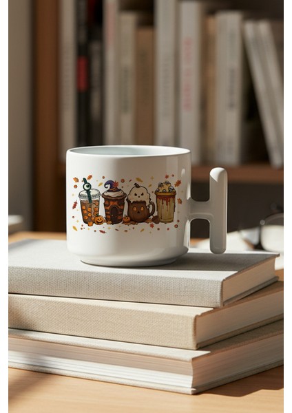 Sonbahar Temalı Kahveler No:3 Baskılı Hediyelik T Kulplu Latte Fincanı Kupa Bardak