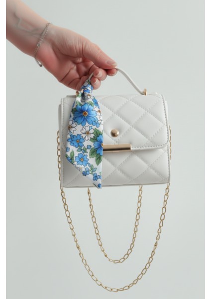 Kadın Kapitone Fularlı Zincir Askılı El ve Omuz Çantası Minimal