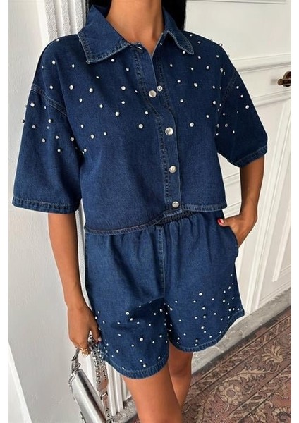 Taş Detaylı Gömlek Şort Denim Takım 10175 modelleri