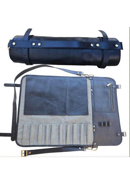 Hakiki Deri Siyah Şef Bıçak Çantası