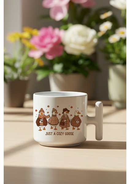Just A Cozy Goose Sonbahar Sevimli Kazlar Baskılı Hediyelik T Kulplu Latte Fincanı Kupa Bardak