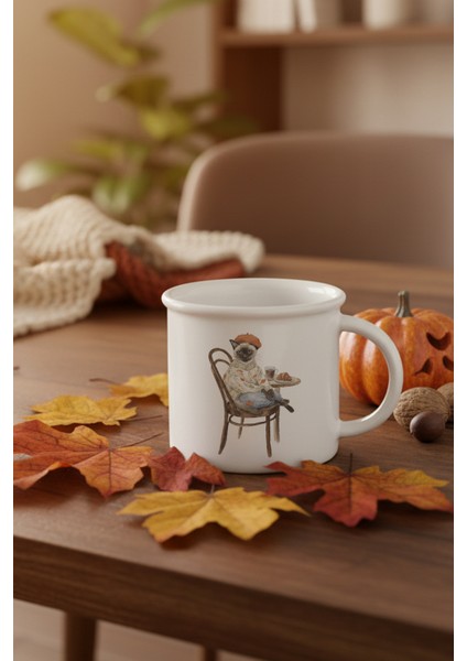 Sonbahar Temalı Sevimli Kedi No:3 Baskılı Enamel Görünümlü Seramik Vintage Kupa Bardak