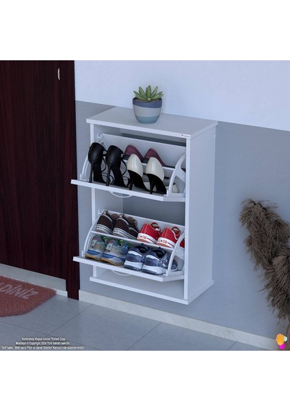 Asaf Beyaz Asma Ayakkabılık Kapı Önü 2 Düşer Kapak 4 Göz Bölmeli Ayakkabılık 52X78X25,5 cm