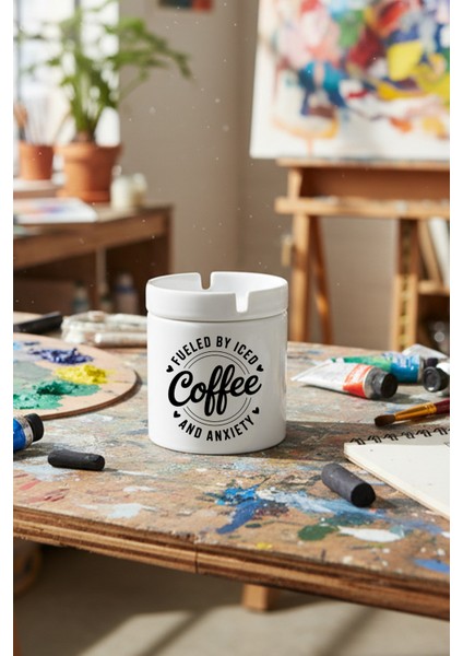 Fueled By Coffee Baskılı Seramik Kapaklı Kokusuz Küllük