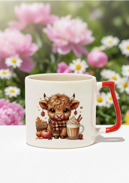 Sonabahar Teması Sevimli Inek Baskılı Kırmızı D Kulplu Kupa Bardak