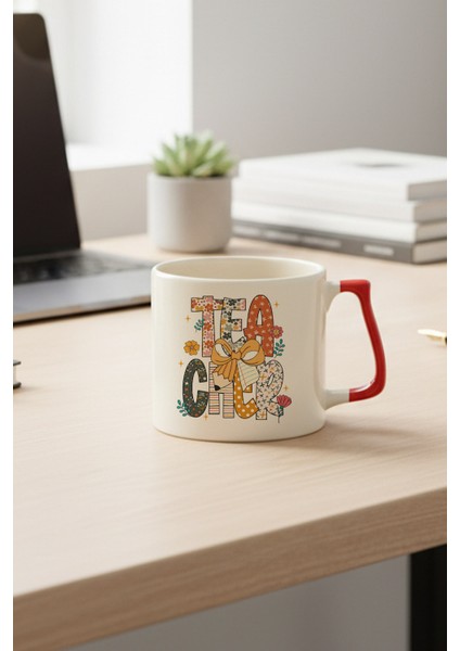 Teacher Çiçek Desenli Öğretmen Baskılı Kırmızı D Kulplu Kupa Bardak