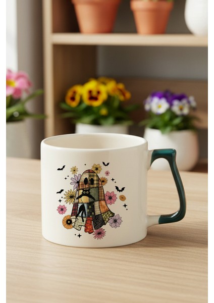 Hayalet ve Sevimli Kedi Baskılı Yeşil D Kulplu Kupa Bardak