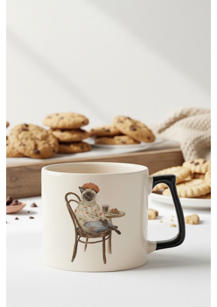 Sonbahar Temalı Sevimli Kedi No:3 Baskılı Siyah D Kulplu Kupa Bardak