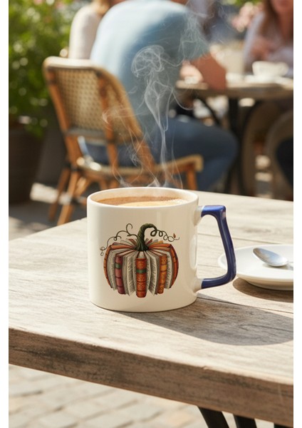 Sonbahar Temalı Balkabağı Kitaplar Baskılı Lacivert D Kulplu Kupa Bardak