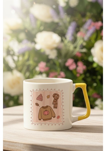 Sonbahar Temalı Kıyafetler Baskılı Sarı D Kulplu Kupa Bardak