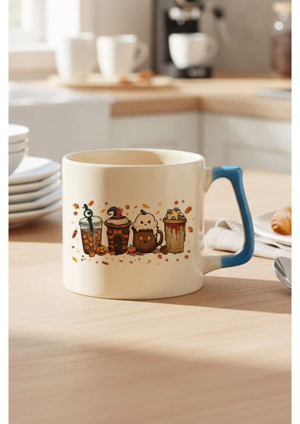 Sonbahar Temalı Kahveler No:3 Baskılı Mavi D Kulplu Kupa Bardak