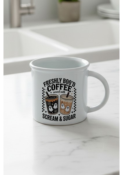 Freshly Bood Coffee Halloween Baskılı Enamel Görünümlü Seramik Vintage Kupa Bardak