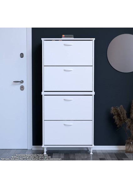 Asaf 2 Li Antre Beyaz Renk Ayakkabılık 4 Düşer Kapak 8 Göz Bölmeli Ayakkabılık 52X160X25,5 cm