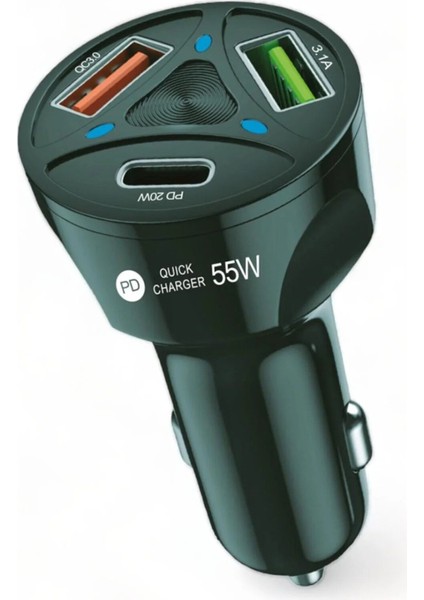 Araç Çakmaklık Şarjı 2 USB + 20W Pd Şarj Çıkışlı Hızlı Şarj Destekli 55W
