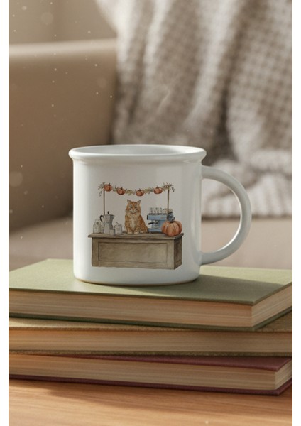 Sonbahar Temalı Sevimli Kedi No:6 Baskılı Enamel Görünümlü Seramik Vintage Kupa Bardak