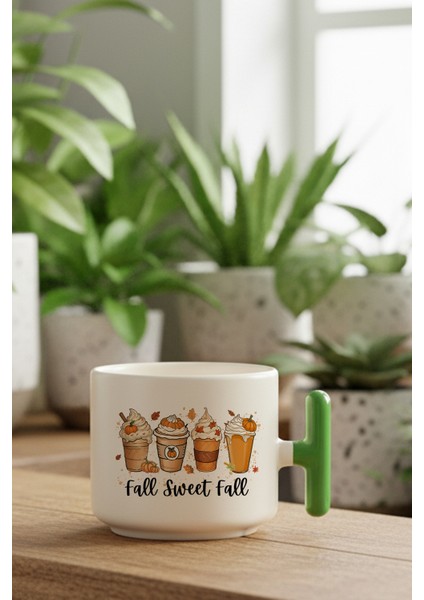 Sonbahar Temalı Kahveler No:7 Baskılı Yeşil Renkli T Kulplu Latte Fincanı Kupa