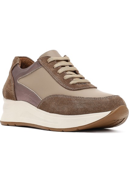 Kadın Vizon Bağcıklı Dolgu Topuklu Deri Sneaker 25AFD412714
