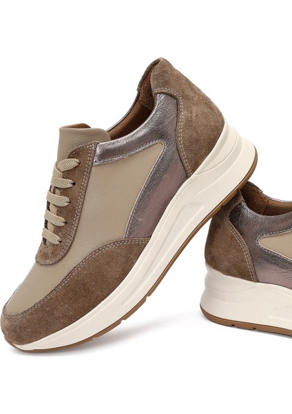 Kadın Vizon Bağcıklı Dolgu Topuklu Deri Sneaker 25AFD412714