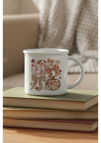 Sonbahar Teması Pumpkin Couqette No:2 Baskılı Enamel Görünümlü Seramik Vintage Kupa Bardak