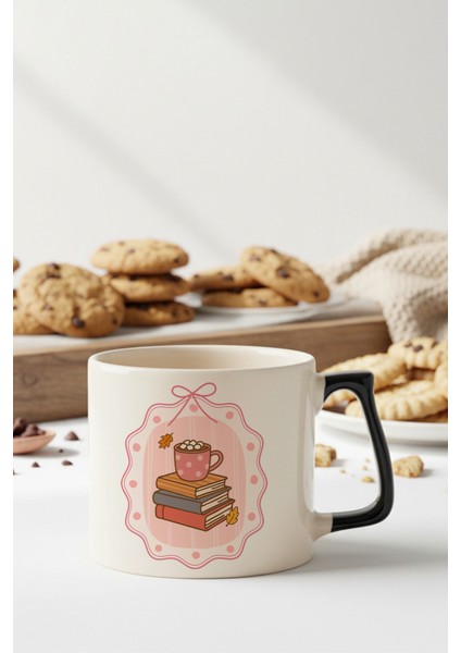 Sonbahar Temalı Kitaplar ve Sıcak Çikolata Baskılı Siyah D Kulplu Kupa Bardak