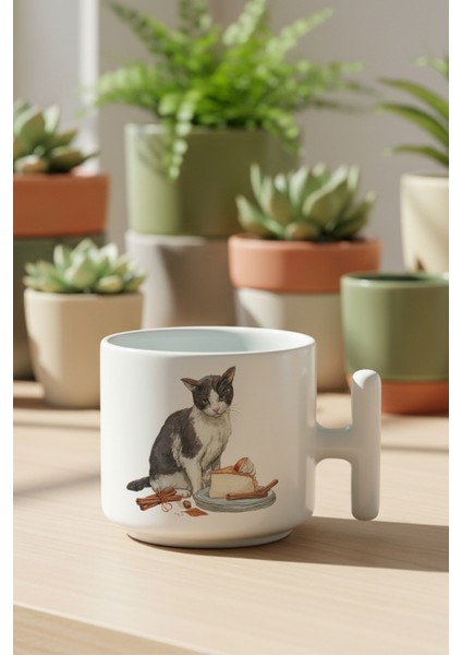 Sonbahar Temalı Sevimli Kedi No:5 Baskılı Hediyelik T Kulplu Latte Fincanı Kupa Bardak