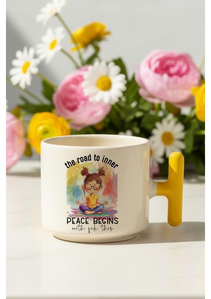 The Road To Inner Peace Begins Baskılı Sarı Renkli T Kulplu Latte Fincanı Kupa