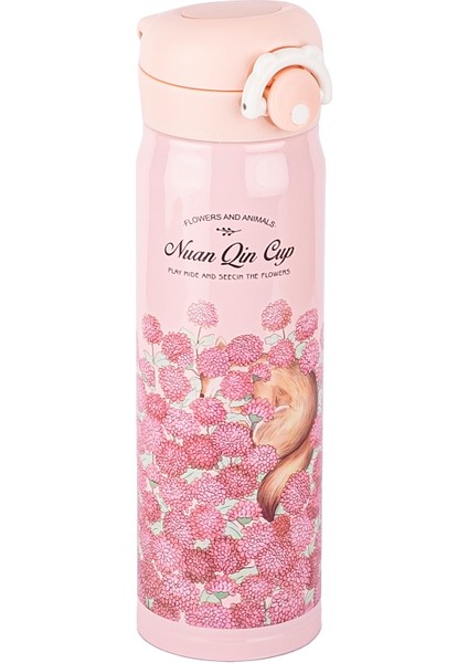 Pembe Çiçek Desenli Paslanmaz Çelik Termos 500ML