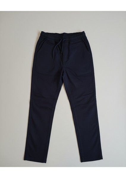 Erkek Çocuk Likralı Lacivert Bel Lastikli ve Bağcıklı Keten Pantolon