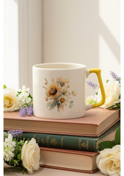 Ayçiçekleri Sonbahar Teması No:1 Baskılı Sarı D Kulplu Kupa Bardak