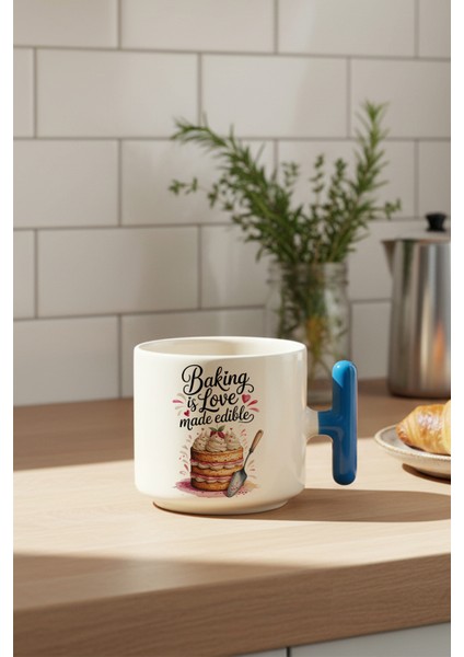 Baking Love Baskılı Mavi Renkli T Kulplu Latte Fincanı Kupa