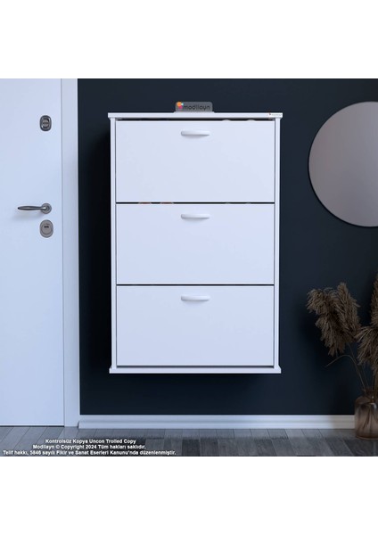 Uygar Beyaz Asma Ayakkabılık Antre 3 Düşer Kapak 6 Göz Raf Bölmeli Ayakkabılık 52X107X25,5 cm