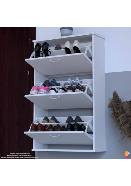 Uygar Beyaz Asma Ayakkabılık Kapı Önü 3 Düşer Kapak 6 Göz Bölmeli Ayakkabılık 72X115X25,5 cm modelleri