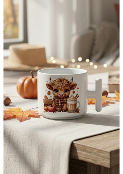 Sonabahar Teması Sevimli Inek Baskılı Hediyelik T Kulplu Latte Fincanı Kupa Bardak