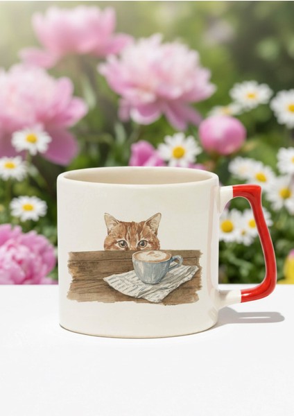 Sonbahar Temalı Sevimli Kedi No:1 Baskılı Kırmızı D Kulplu Kupa Bardak