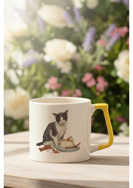 Sonbahar Temalı Sevimli Kedi No:5 Baskılı Sarı D Kulplu Kupa Bardak