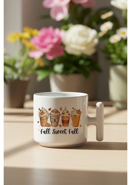 Sonbahar Temalı Kahveler No:7 Baskılı Hediyelik T Kulplu Latte Fincanı Kupa Bardak