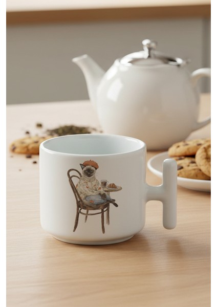 Sonbahar Temalı Sevimli Kedi No:3 Baskılı Hediyelik T Kulplu Latte Fincanı Kupa Bardak