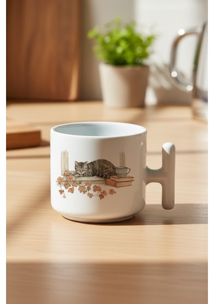 Sonbahar Temalı Sevimli Kedi No:10 Baskılı Hediyelik T Kulplu Latte Fincanı Kupa Bardak