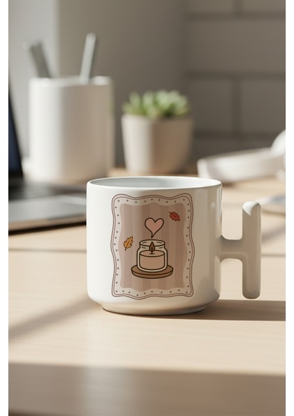 Sonbahar Temalı Mum Baskılı Hediyelik T Kulplu Latte Fincanı Kupa Bardak